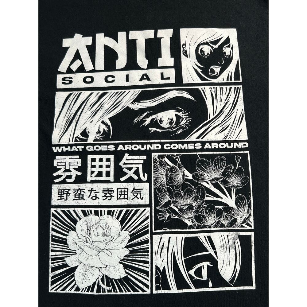 Anime Anti Social Graphic T-Shirt Men's Large Black Manga Streetwear Tee - Picture 3 of 8